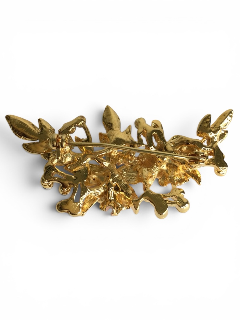 Estate Vtg 1960s Gold‑Tone Enamel Floral Spray Brooch with Pink & AB Rhinestones - Picture 12 of 13